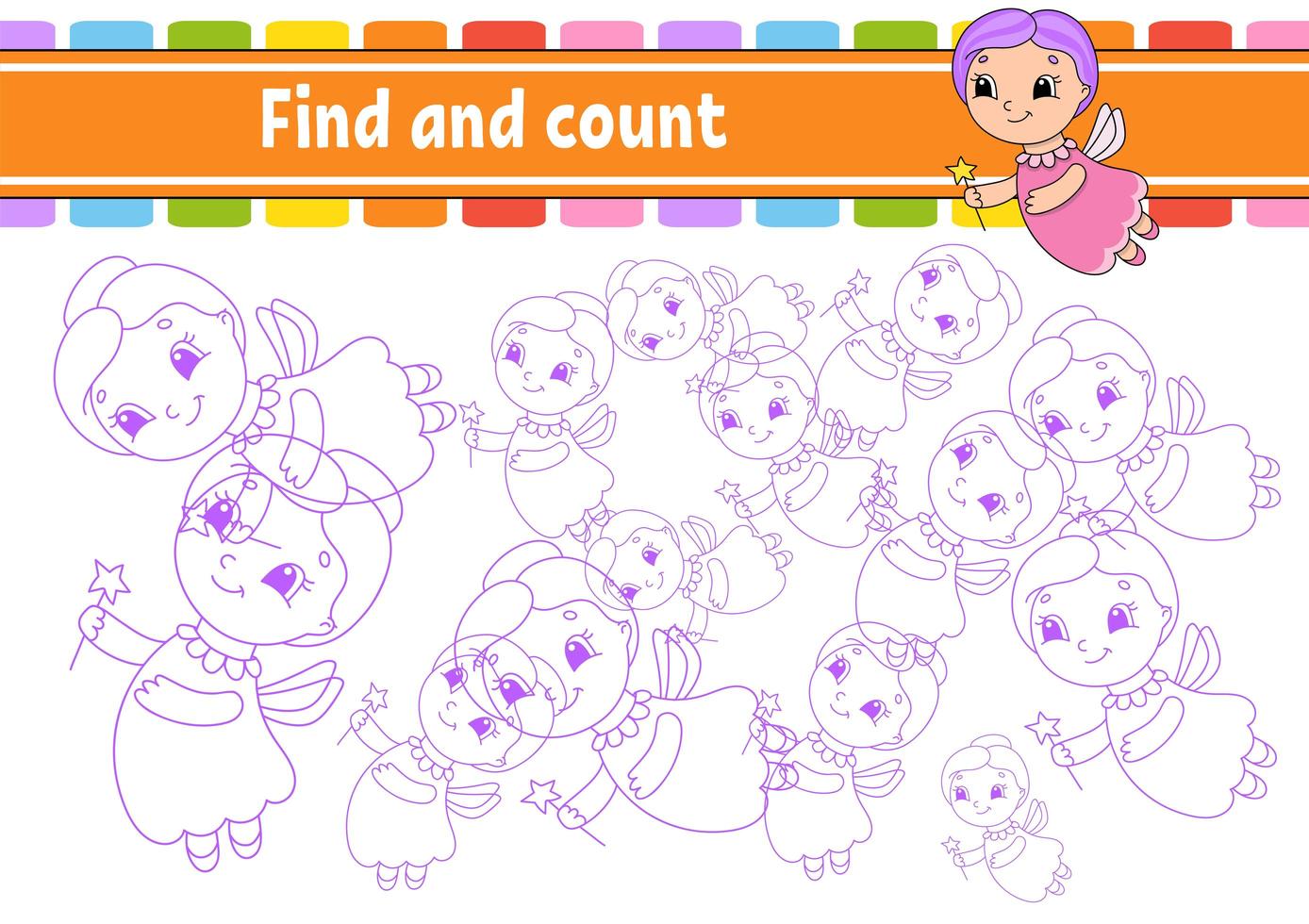 Find and count. Elderly fairy. Education developing worksheet. Activity page. Puzzle game for children. Logical thinking training. Isolated vector illustration. Cartoon character.