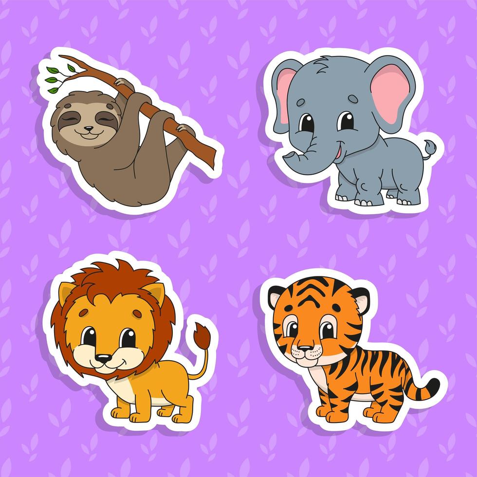 Set of bright color stickers. Orange lion. Orange tiger. Gray elephant. Brown sloth. Cute cartoon characters. Wild animals. Vector illustration isolated on color background.