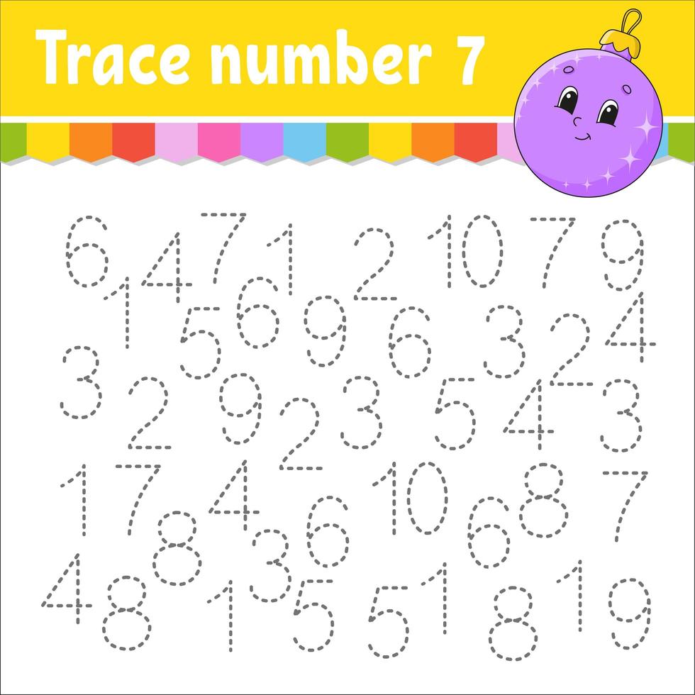 Trace number . Handwriting practice. Learning numbers for kids. Education developing worksheet. Activity page. Game for toddlers and preschoolers. Isolated vector illustration in cute cartoon style.