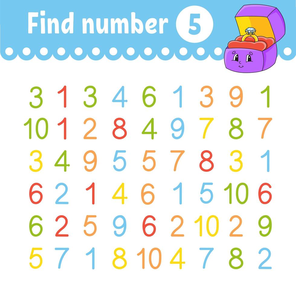 Find number. Education developing worksheet. Activity page with pictures. Game for children. Color isolated vector illustration. Funny character. Cartoon style.