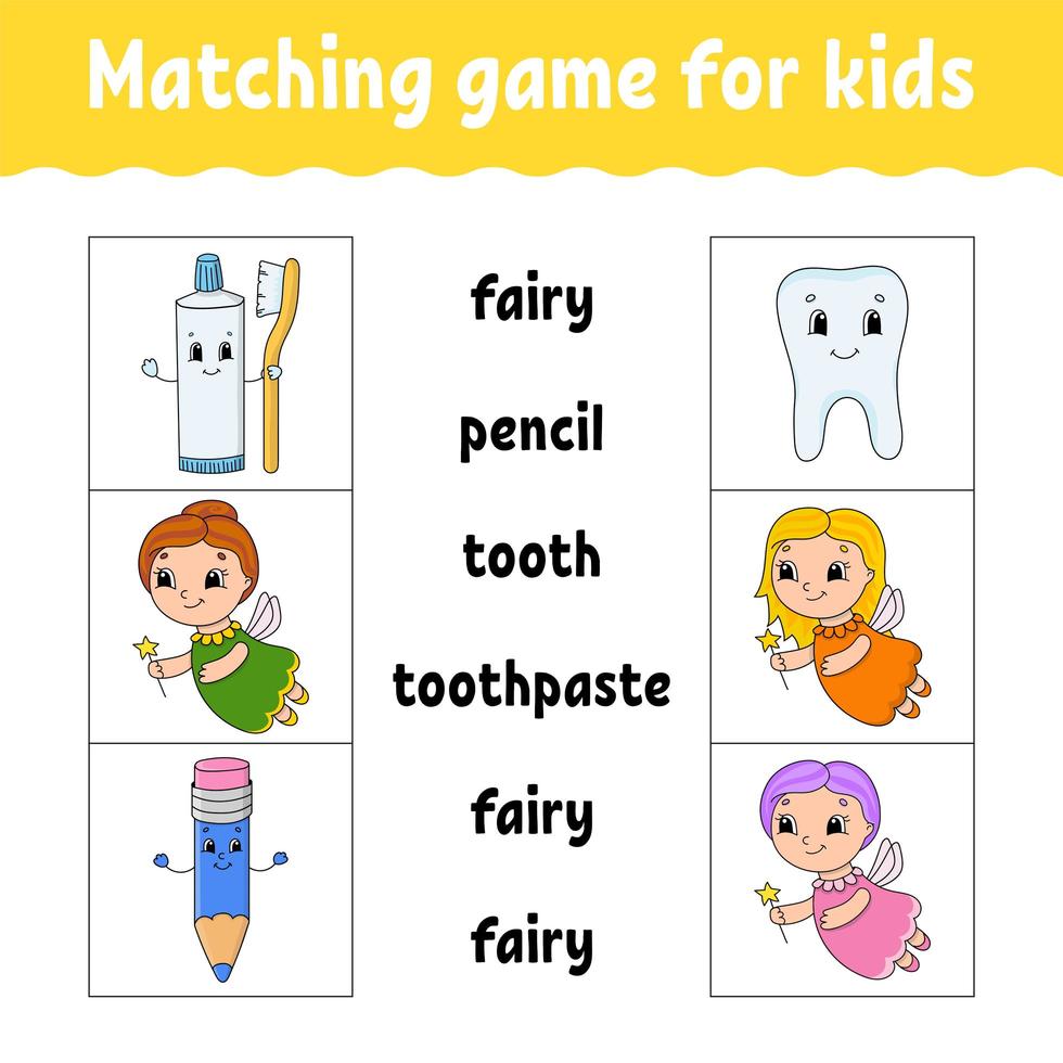 Matching game for kids. Find the correct answer. Draw a line. Learning words. Activity worksheet. Cartoon character. vector