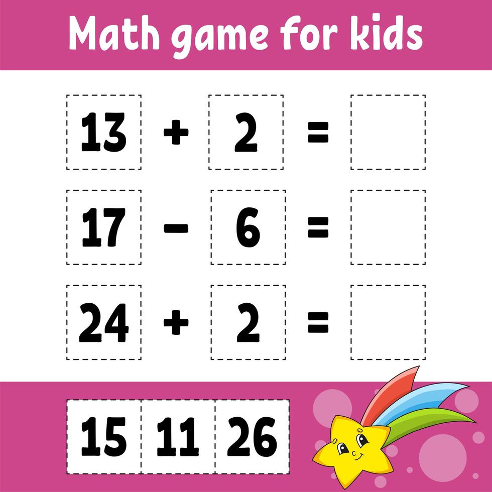 Math game for kids. Education developing worksheet. Activity page with pictures. Game for children. Color isolated vector illustration. Funny character. Cartoon style.