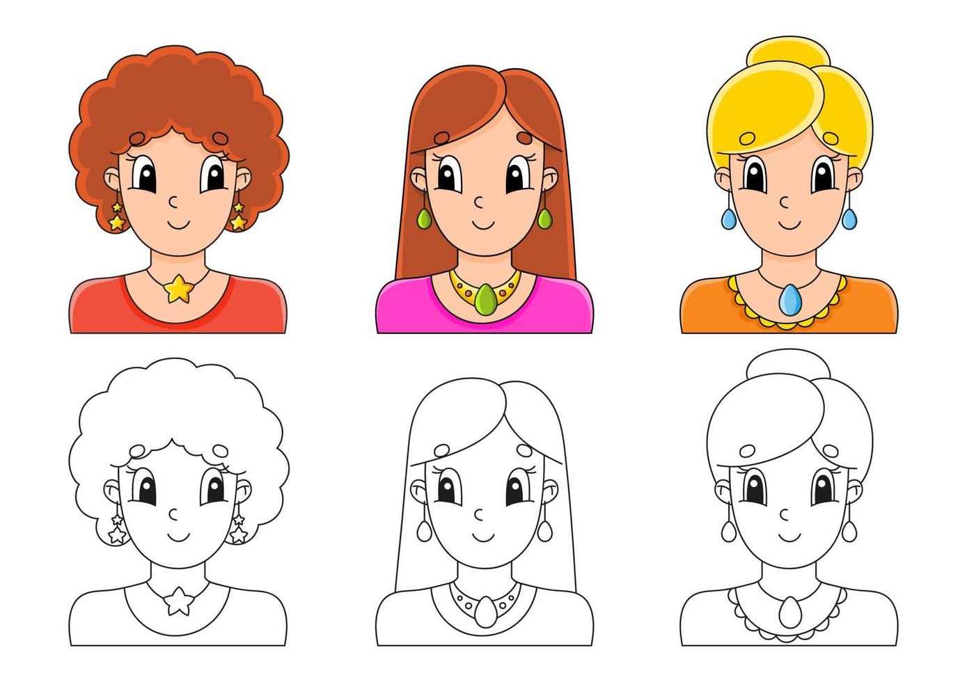 Establecer página para colorear para niños. lindos personajes de dibujos animados. trazo negro. con muestra. ilustración vectorial. vector