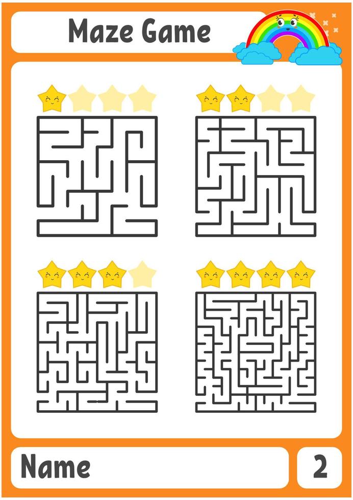 Square maze. Game for kids. Puzzle for children. Labyrinth conundrum. Color vector illustration. Find the right path. The development of logical and spatial thinking.