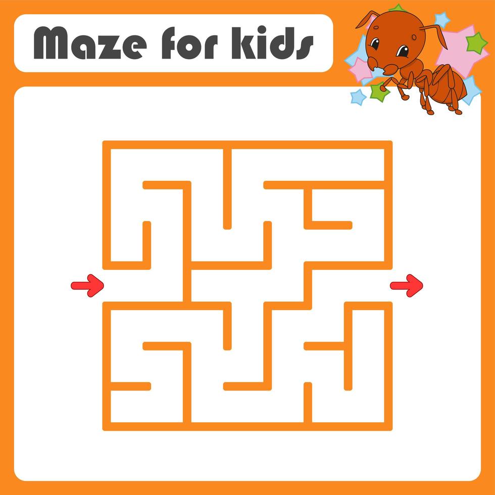 Square maze. Game for kids. Insect ant. Puzzle for children. Cartoon style. Labyrinth conundrum. Color vector illustration. Find the right path. The development of logical and spatial thinking.