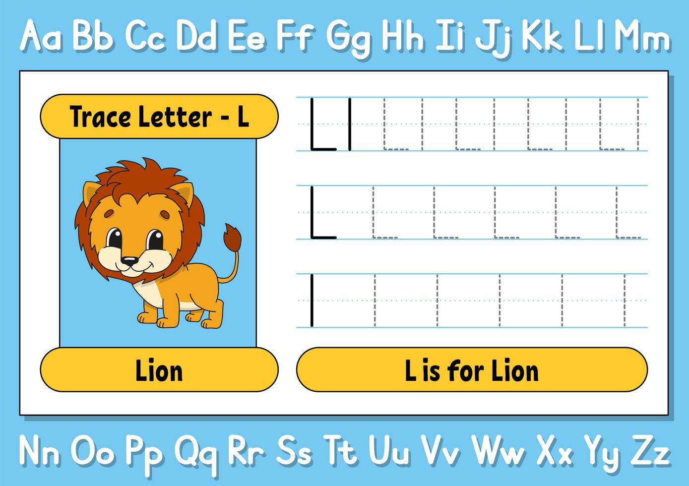 Trace letters. Writing practice. Tracing worksheet for kids. Learn alphabet. Cute character. Vector illustration. Cartoon style.