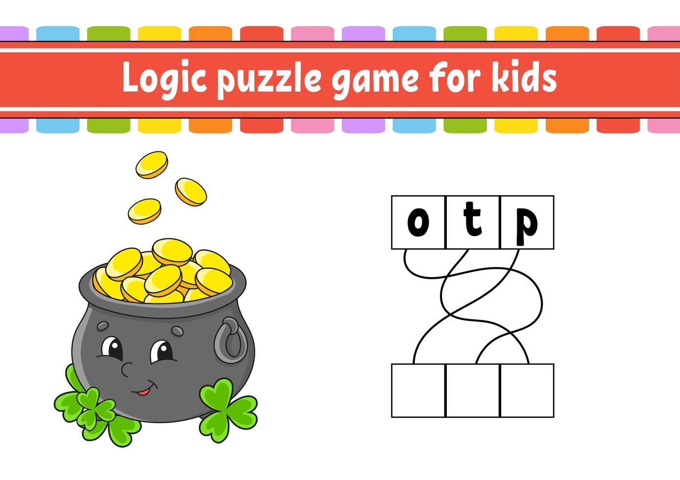 Logic puzzle game. Learning words for kids. Find the hidden name. Worksheet, Activity page. English game. Isolated vector illustration. Cartoon character. St. Patrick's day.