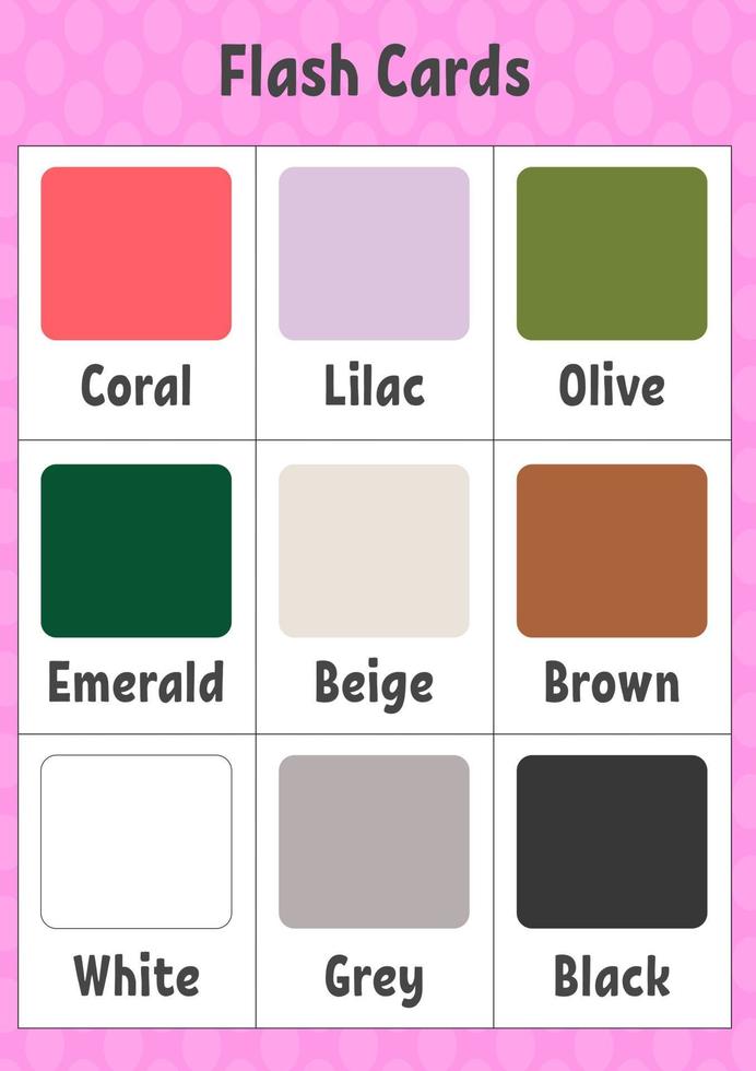 Flash cards. Learning colors. Education developing worksheet. Activity page for kids. Color game for children. Vector illustration.
