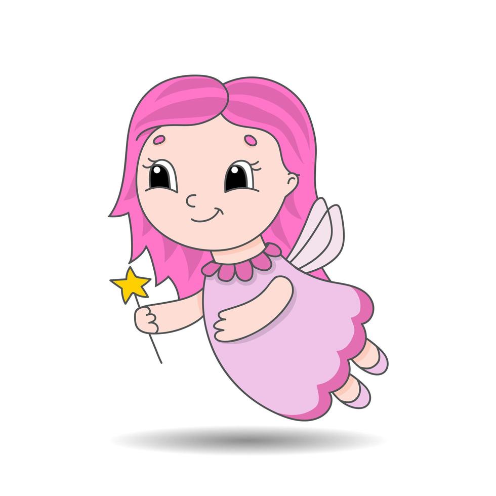 Fairy young girl in a dress with wings and a magic wand. Cute character. Colorful vector illustration. Cartoon style. Isolated on white background. Design element.