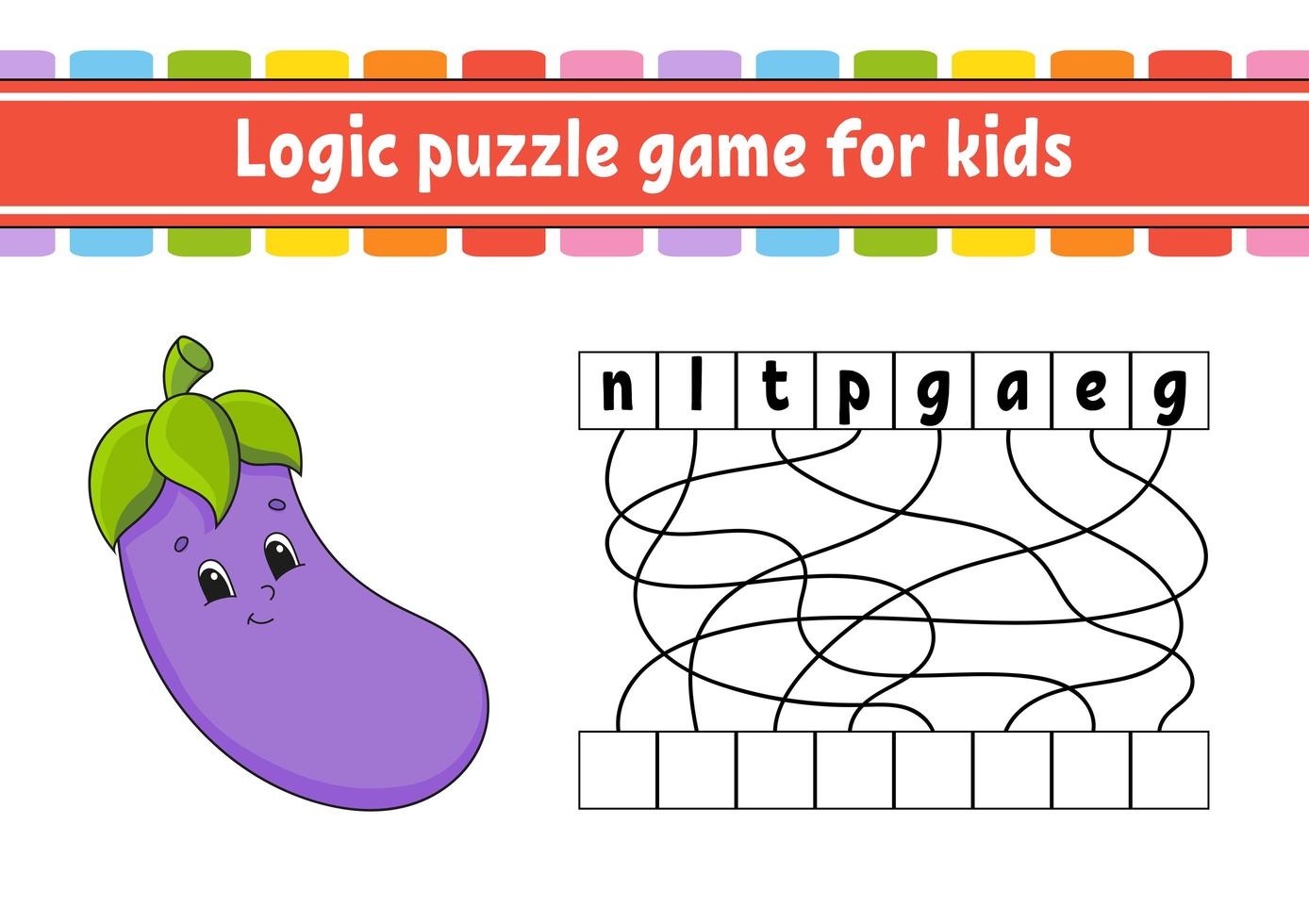 Logic puzzle game. Learning words for kids. Vegetable eggplant. Find the hidden name. Worksheet, Activity page. English game. Isolated vector illustration. Cartoon character.