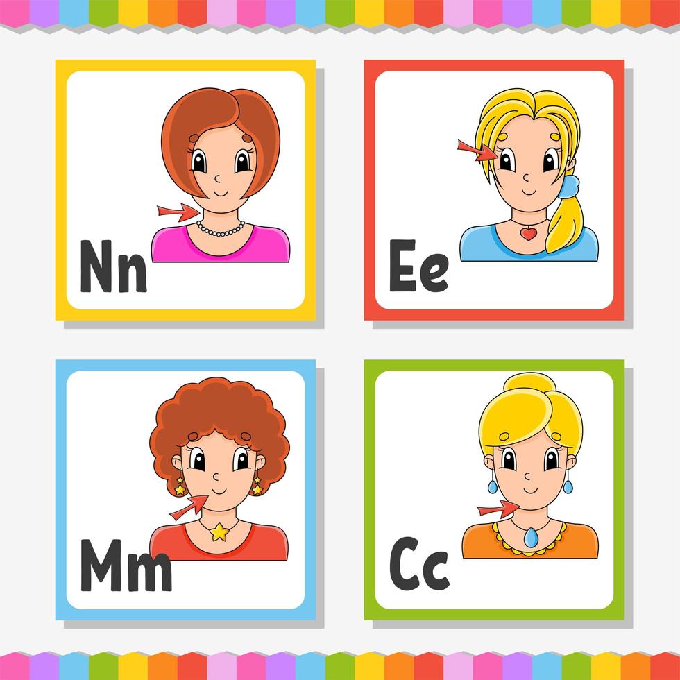 English alphabet. Letter N, E, M, C. ABC square flash cards. Cartoon character isolated on white background. For kids education. Developing worksheet. Learning letters. Color vector illustration.