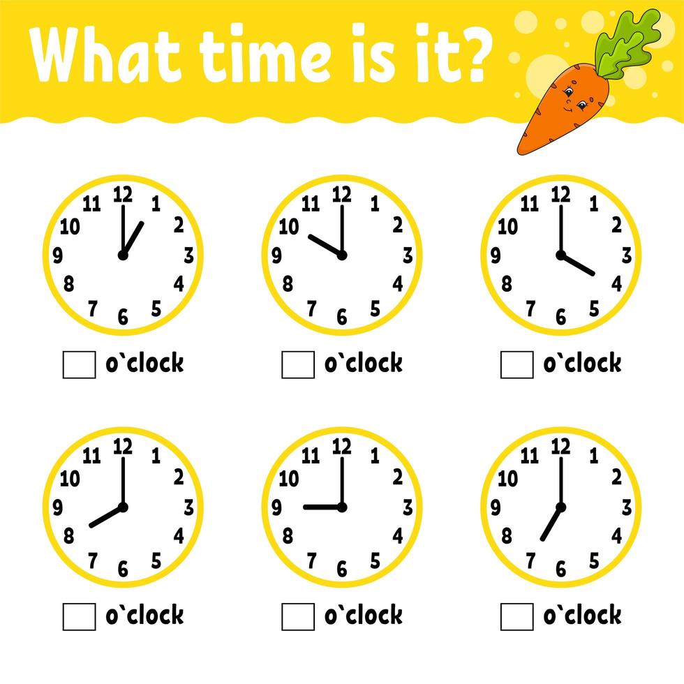 aprender el tiempo en el reloj. hoja de trabajo de actividades educativas para niños y niños pequeños. zanahoria vegetal. juego para niños. Ilustración de vector de color aislado plano simple en estilo de dibujos animados lindo.