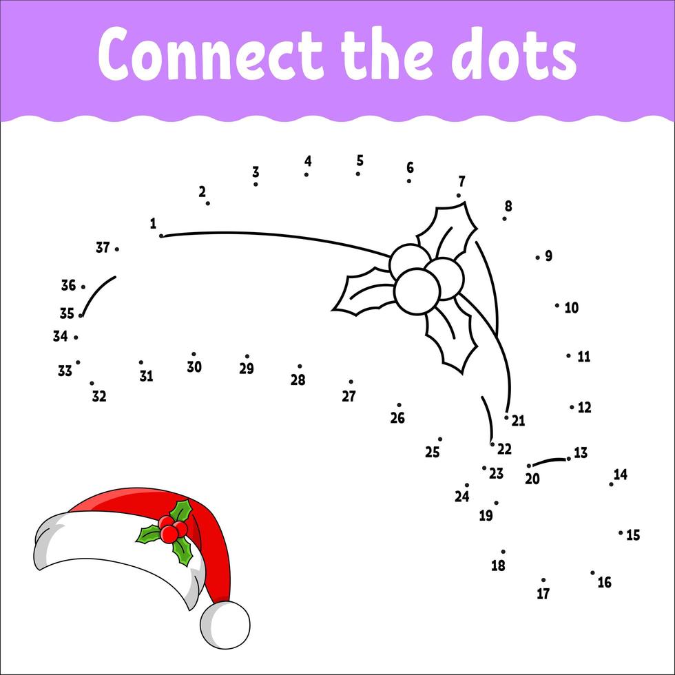 Dot to dot game. Draw a line. Santa claus fur hat with holly. For kids. Activity worksheet. Coloring book. With answer. Cartoon character. vector