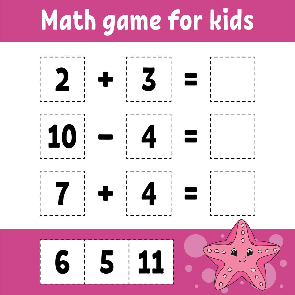 Math game for kids. Education developing worksheet. Activity page with pictures. Game for children. Color isolated vector illustration. Funny character. Cartoon style.