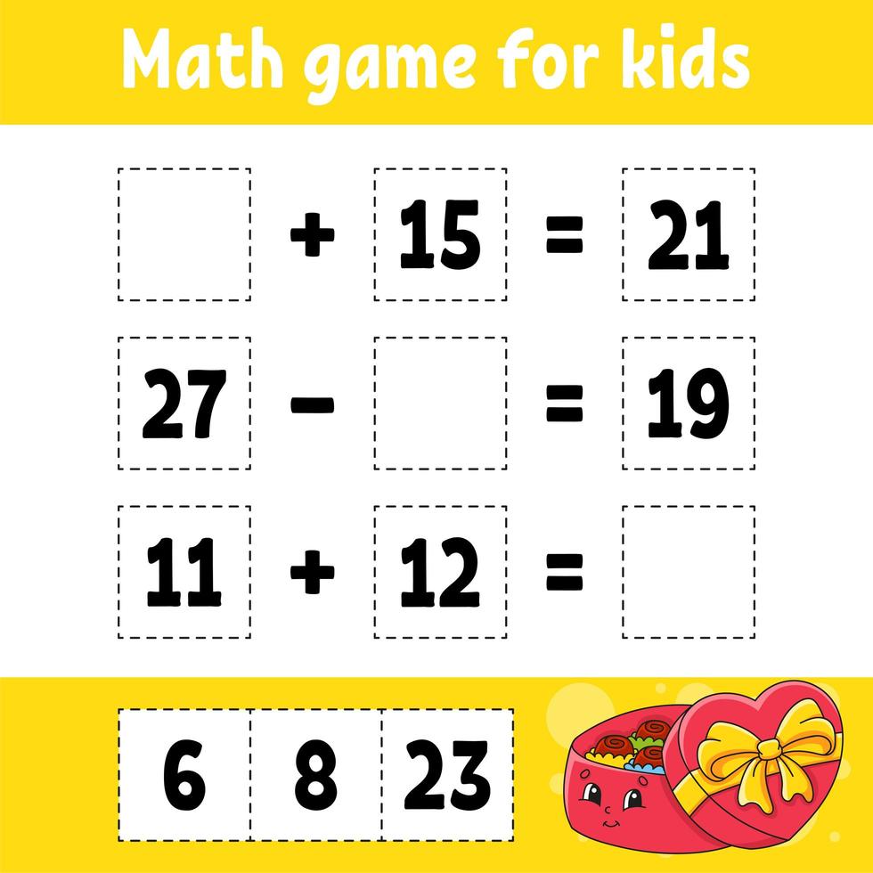 Math game for kids. Education developing worksheet. Activity page with pictures. Game for children. Valentine's Day. Color isolated vector illustration. Funny character. Cartoon style.