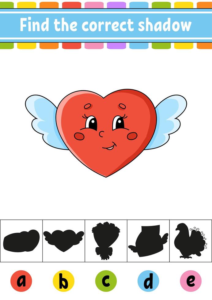 Find the correct shadow. Education developing worksheet. Activity page. Valentine's Day. Color game for children. Isolated vector illustration. Cartoon character.