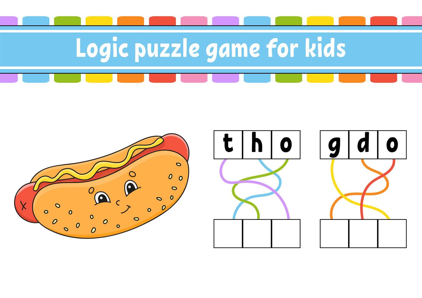 Logic puzzle game. Learning words for kids. Find the hidden name. Worksheet, Activity page. English game. Isolated vector illustration. Cartoon character.