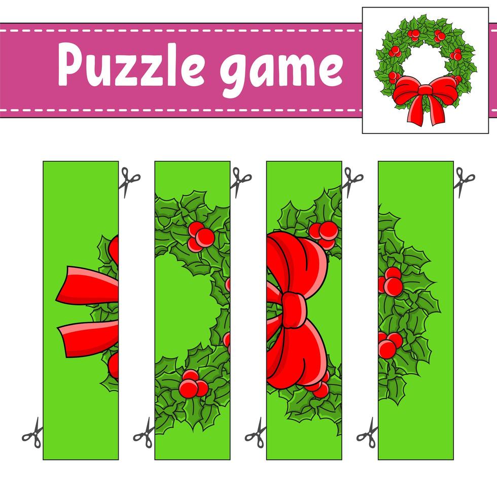 Puzzle game for kids. Cutting practice. Christmas theme. Education developing worksheet. Activity page. Cartoon character. vector