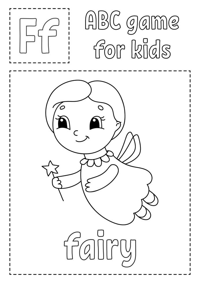 ABC game for kids. Alphabet coloring page. Cartoon character. Word and letter. Vector illustration.