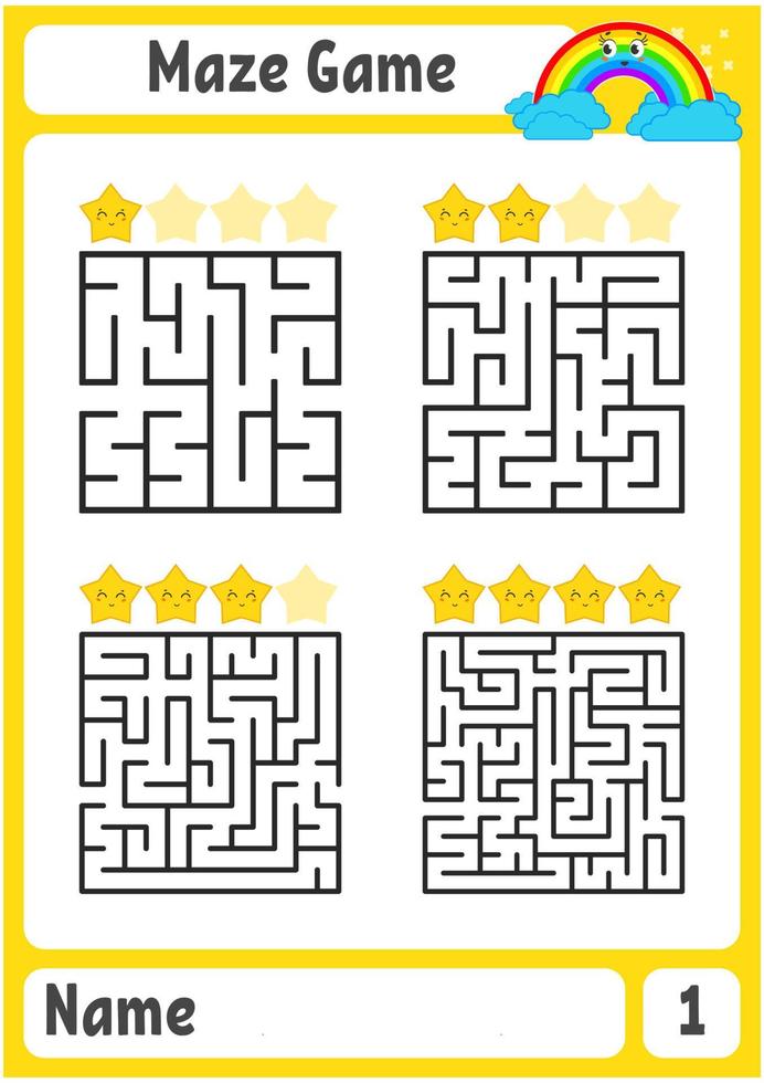 Square maze. Game for kids. Puzzle for children. Labyrinth conundrum. Color vector illustration. Find the right path. The development of logical and spatial thinking.
