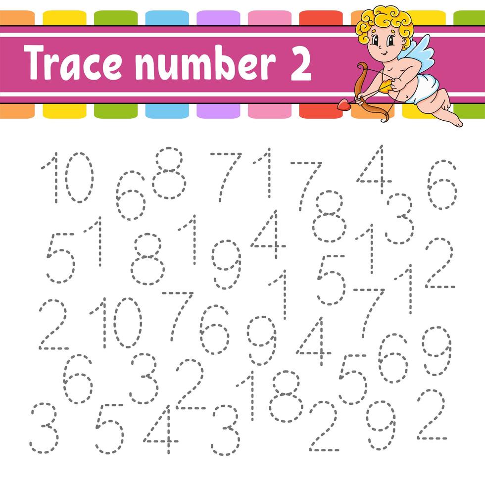 Trace number. Handwriting practice. Learning numbers for kids. Education developing worksheet. Activity page. Game for toddlers and preschoolers. Isolated vector illustration in cute cartoon style.