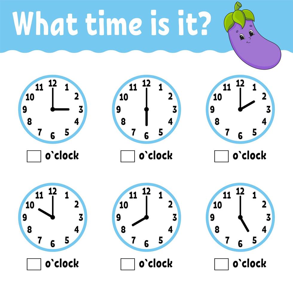 Learning time on the clock. Educational activity worksheet for kids and toddlers. Game for children. Simple flat isolated vector illustration in cute cartoon style.