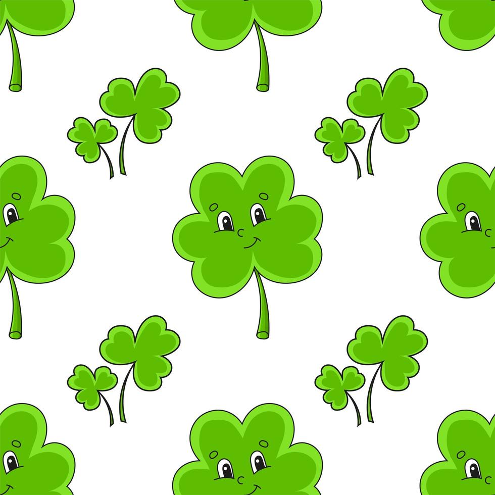 Color seamless pattern. Clover shamrock. St. Patrick's Day. Cartoon style. Hand drawn. Vector illustration isolated on white background.