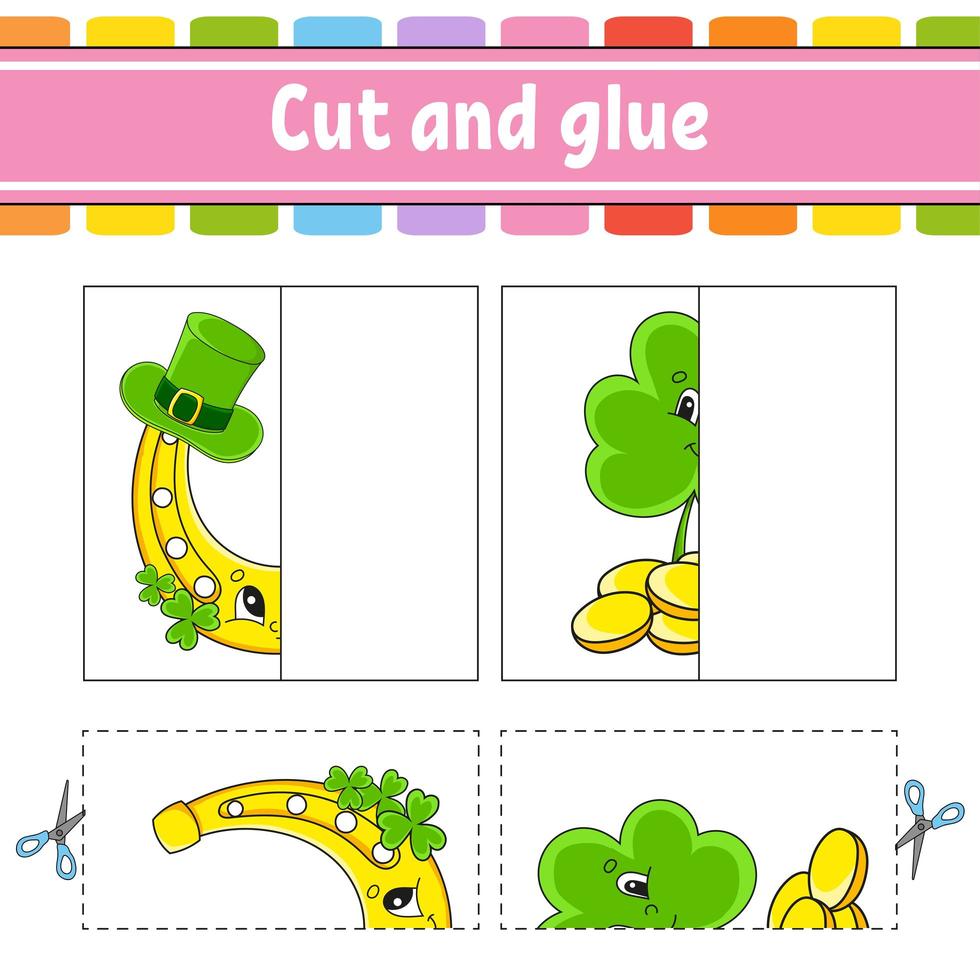 Cut and play. Paper game with glue. Flash cards. Education worksheet. Horseshoe, clover. St. Patrick's day. Activity page. Funny character. Isolated vector illustration. Cartoon style.