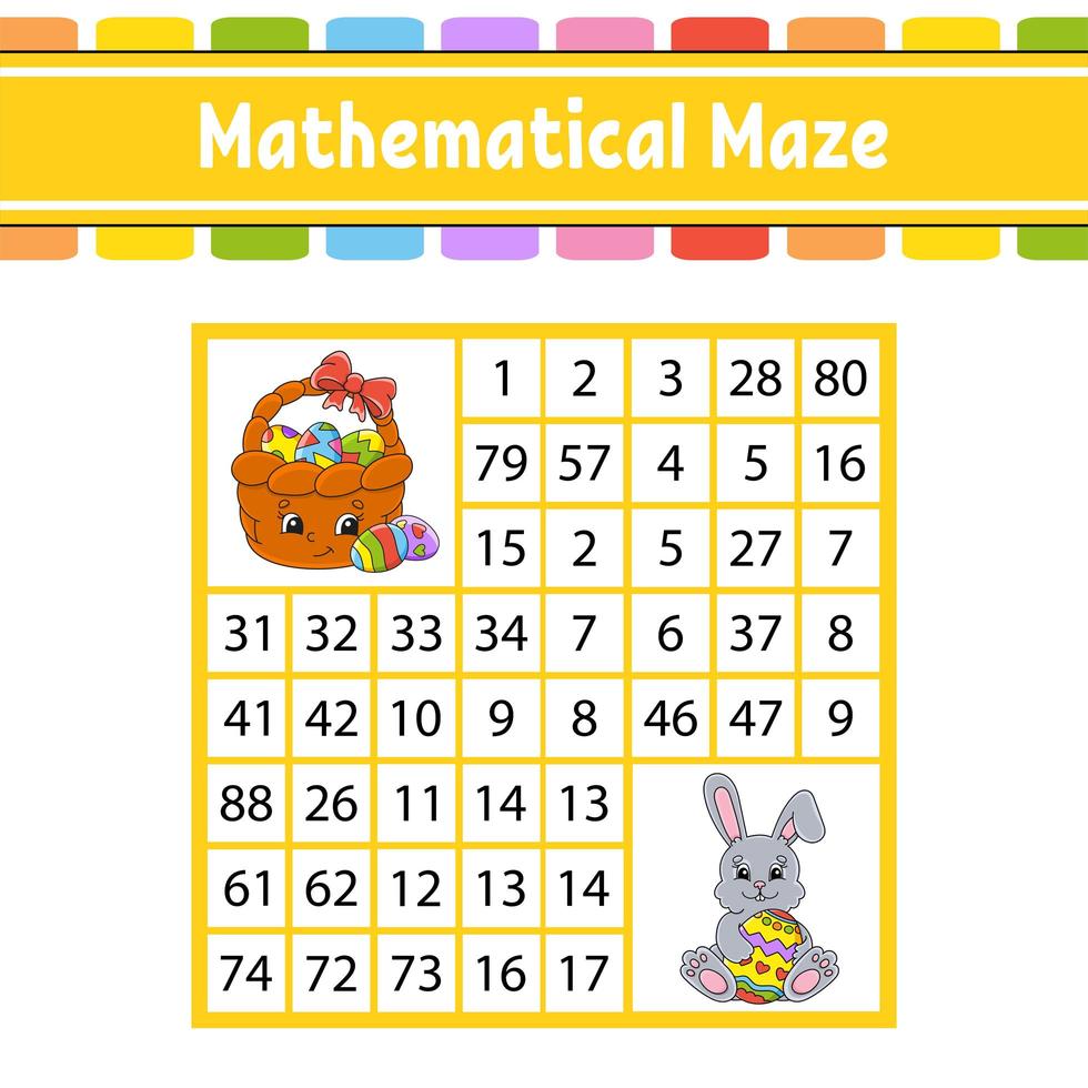 Mathematical maze. Game for kids. Number labyrinth. Education developing worksheet. Activity page. Puzzle for children. Cartoon characters. Easter theme. Color vector illustration