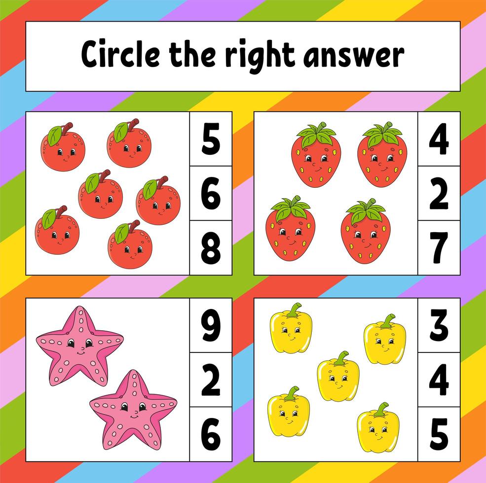 Circle the right answer. Education developing worksheet. Activity page with pictures. Fruits and vegetables. Game for children. Color isolated vector illustration. Funny character. Cartoon style.
