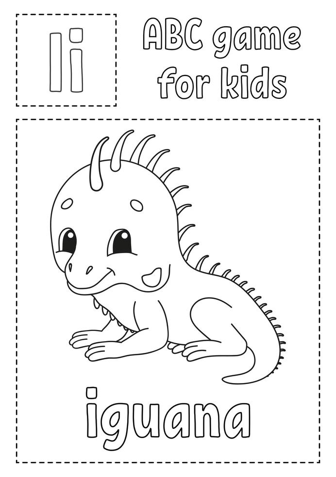 Letter I is for iguana. ABC game for kids. Alphabet coloring page. Cartoon character. Word and letter. Vector illustration.