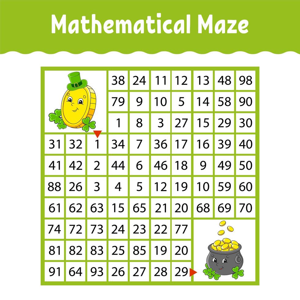 Mathematical square maze. Game for kids. Number labyrinth. Education worksheet. Activity page. Puzzle for children. Cartoon characters. Color vector illustration. St. Patrick's day.