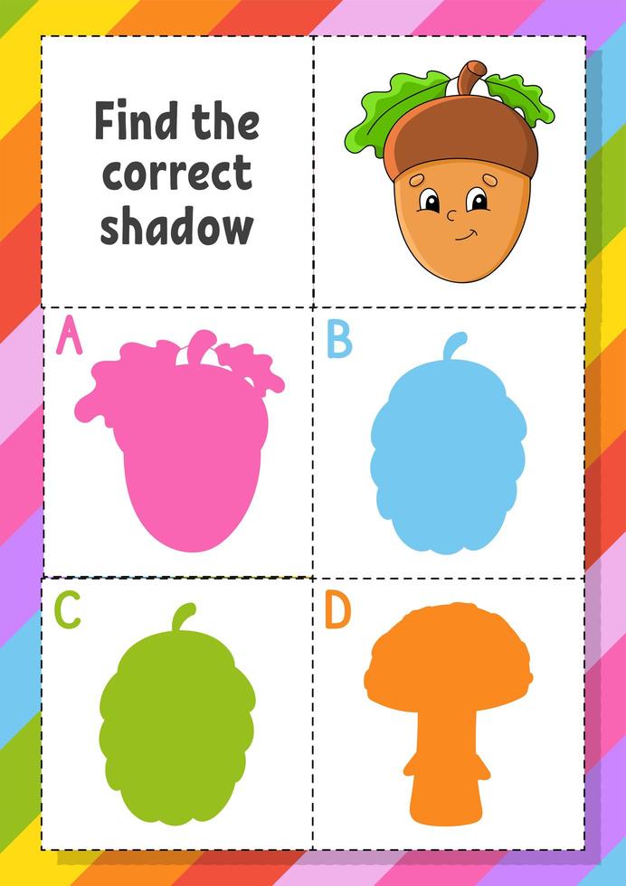 Find the correct shadow. Education developing worksheet for kids. Puzzle game. Activity page. Cartoon character. Autumn theme. vector