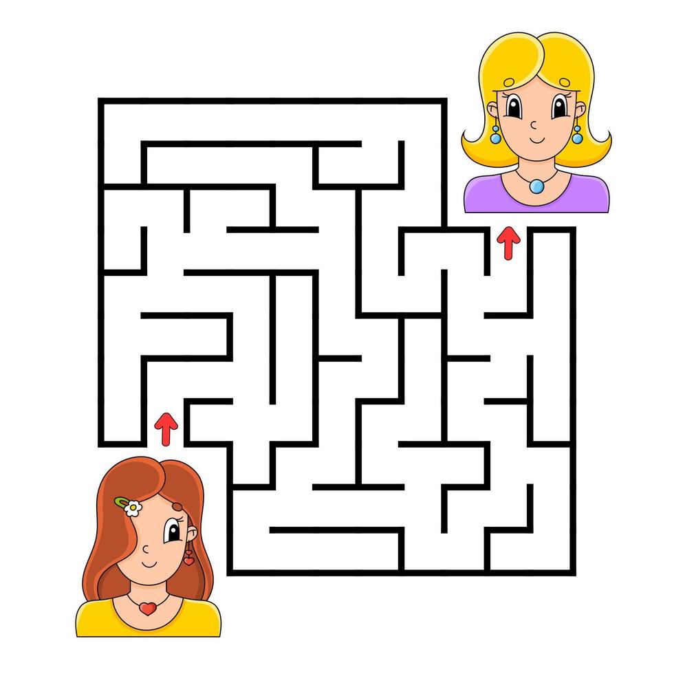 Square maze. Game for kids. Puzzle for children. Labyrinth conundrum. Color vector illustration. Isolated vector illustration. Cartoon character.