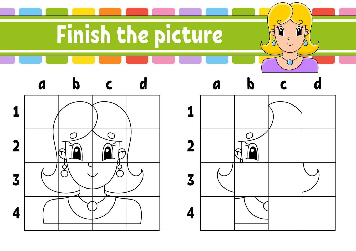 Finish the picture. Coloring book pages for kids. Education developing worksheet. Game for children. Handwriting practice. Cartoon character. Vector illustration.