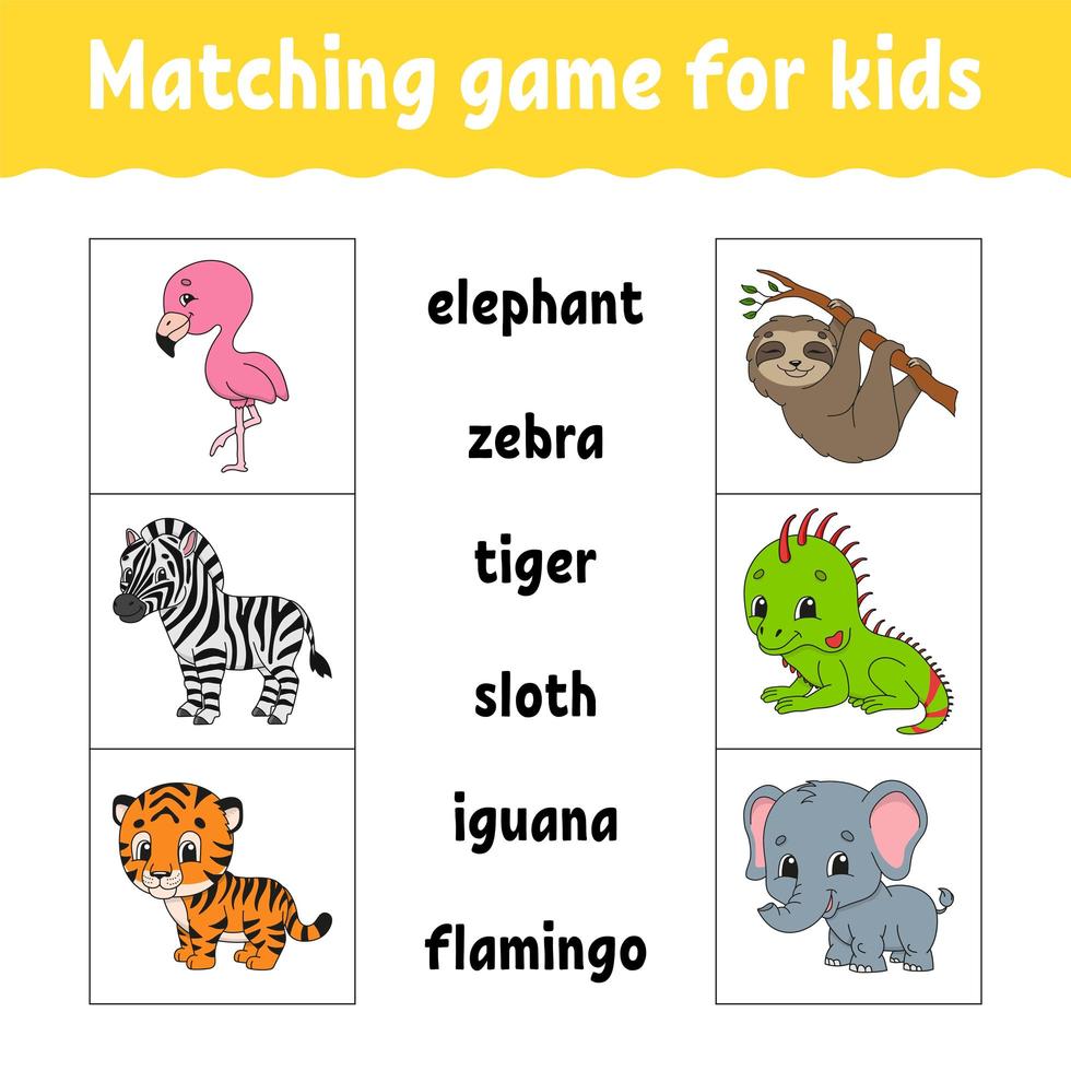 Matching game for kids. Find the correct answer. Draw a line. Learning words. Activity worksheet. Cartoon character. Cute animal. vector