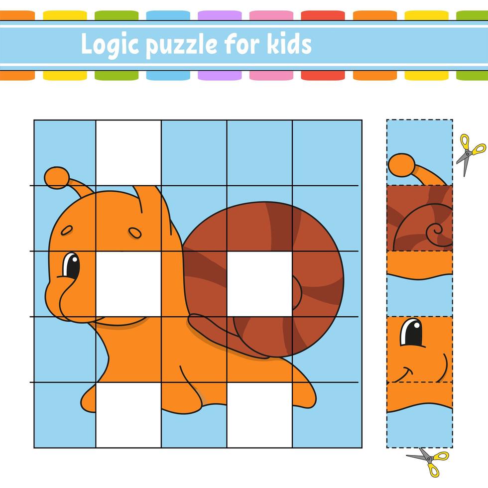 Logic puzzle for kids. Snail mollusk. Education developing worksheet. Learning game for children. Activity page. Simple flat isolated vector illustration in cute cartoon style.