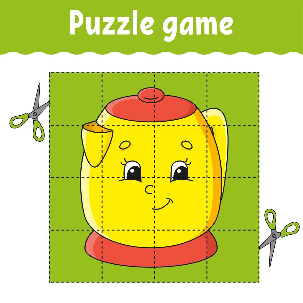 Puzzle game for kids. Education developing worksheet. Learning game for children. Kitchen kettle. Color activity page. For toddler. Riddle for preschool. Isolated vector illustration in cartoon style.