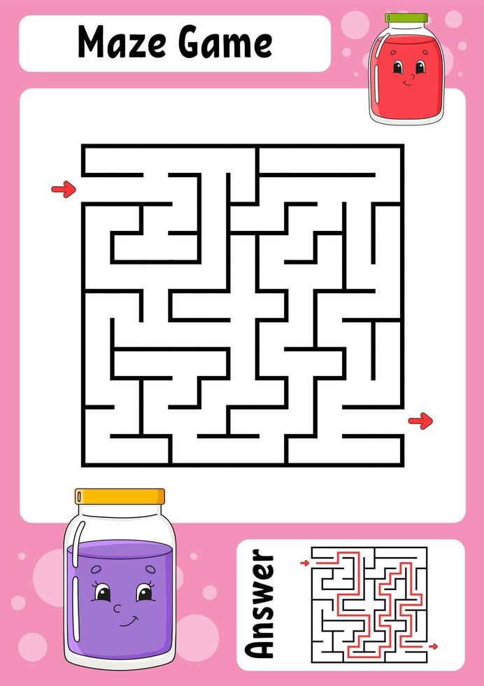 Square maze. Game for kids. Funny labyrinth. Education developing worksheet. Activity page. Puzzle for children. Cartoon style. Riddle for preschool. Logical conundrum. Color vector illustration.
