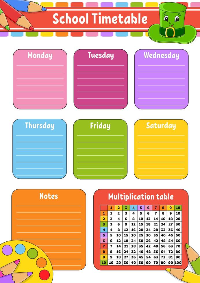 School timetable with multiplication table. For the education of children. Isolated on a white background. With a cute cartoon character. vector