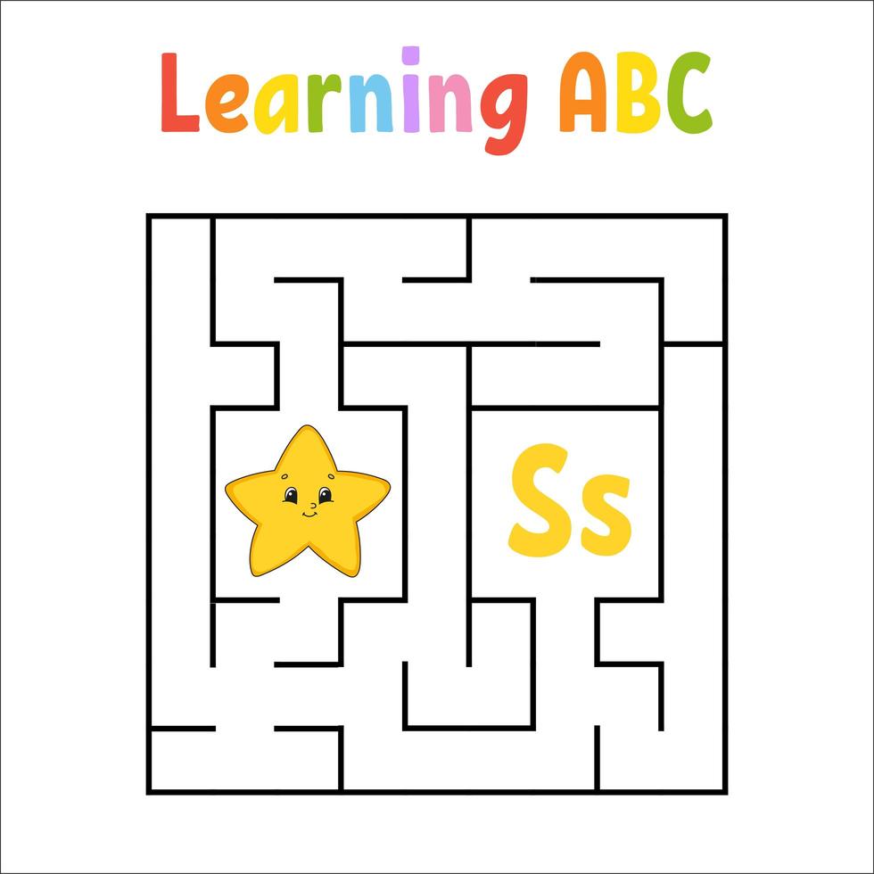 Square maze. Game for kids. Quadrate labyrinth. Education worksheet. Activity page. Learning English alphabet. Cartoon style. Find the right way. Color vector illustration.