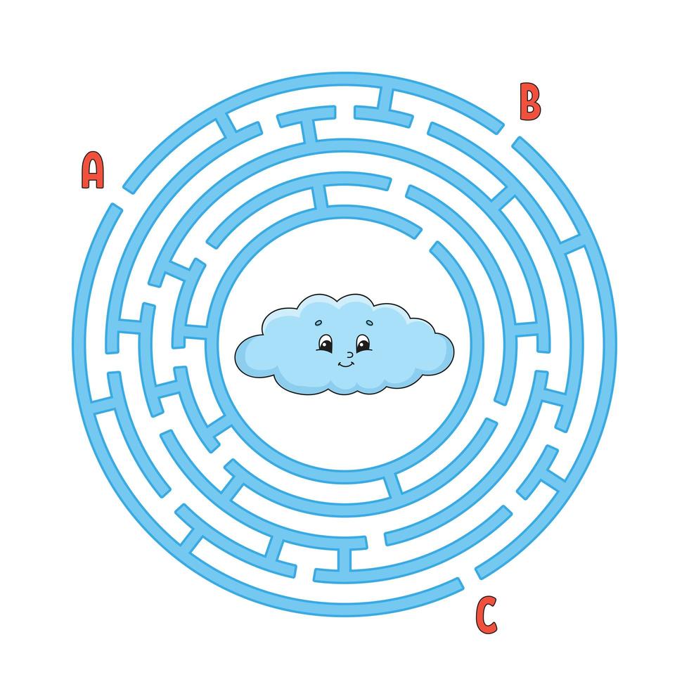 Circle maze. Game for kids. Puzzle for children. Round labyrinth conundrum. Color vector illustration. Find the right path. Education worksheet.