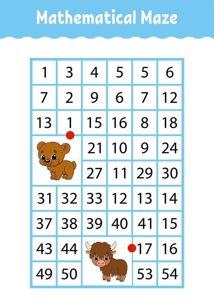Mathematical rectangle maze. bear and yak. Game for kids. Number labyrinth. Education worksheet. Activity page. Riddle for children. Cartoon characters. vector