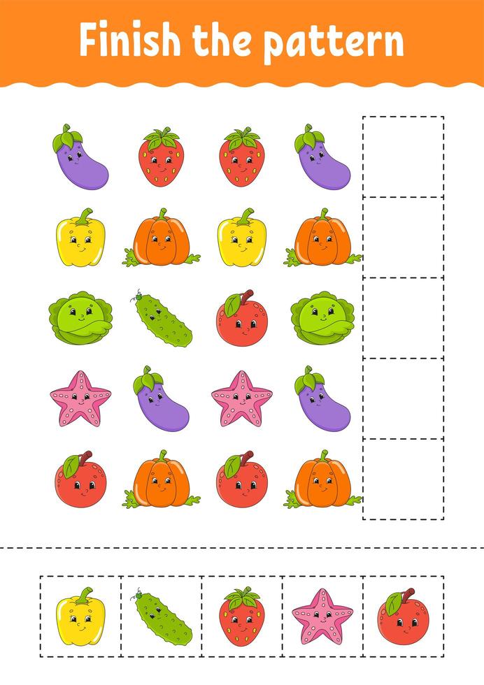 Finish the pattern. Cut and play. Fruits and vegetables. Education developing worksheet. Activity page.Cartoon character. vector
