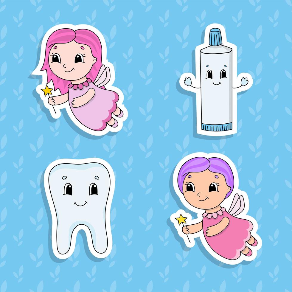 Set of bright color stickers for kids. Cute cartoon characters. Vector illustration isolated on color background.