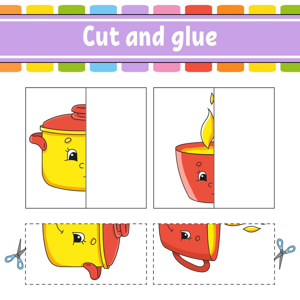 Cut and play. Paper game with glue. Flash cards. Education worksheet. Activity page. Funny character. Isolated vector illustration. Cartoon style.