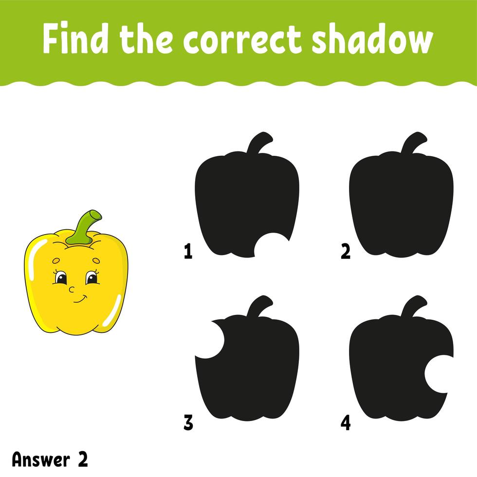 Find the correct shadow pepper. Education developing worksheet. Matching game for kids. Activity page. Puzzle for children. Cartoon character. Isolated vector illustration.