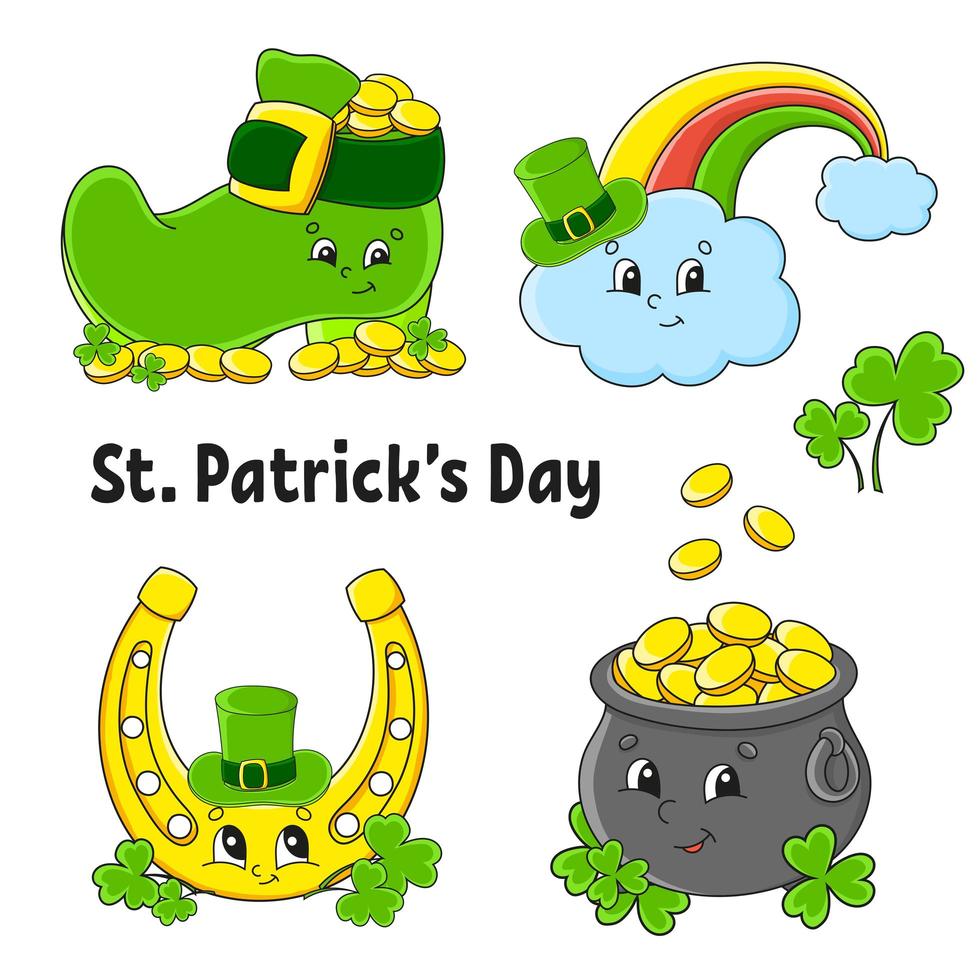 Set of color stickers for kids. Leprechaun boot, pot of gold, gold coin, clover, magic rainbow, horseshoe. St. Patrick's Day. Cartoon characters. Black stroke. Isolated vector illustration.