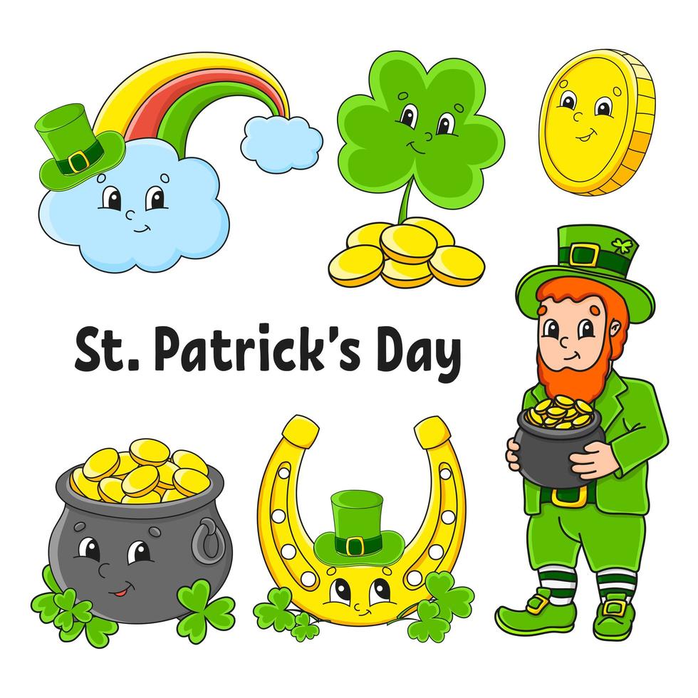 Set of color stickers for kids. Leprechaun with a pot of gold, gold coin, clover, golden horseshoe, magic rainbow. St. Patrick's Day. Cartoon characters. Black stroke. Isolated vector illustration.