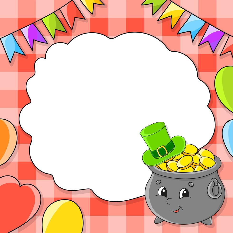 Festive color vector illustration with empty place for text. Cartoon character, balloons, garlands. Pot of gold in hat. For the design of greeting cards, birthdays, stickers. St. Patrick's day.